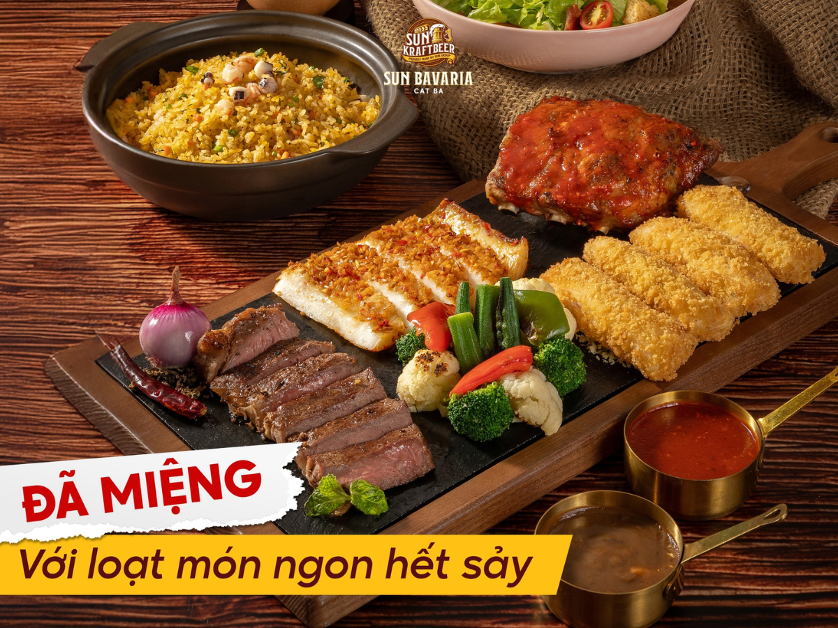 Sun Bavaria Cát Bà được xây dựng theo phong cách kết hợp giữa hải sản địa phương và ẩm thực châu Âu hiện đại