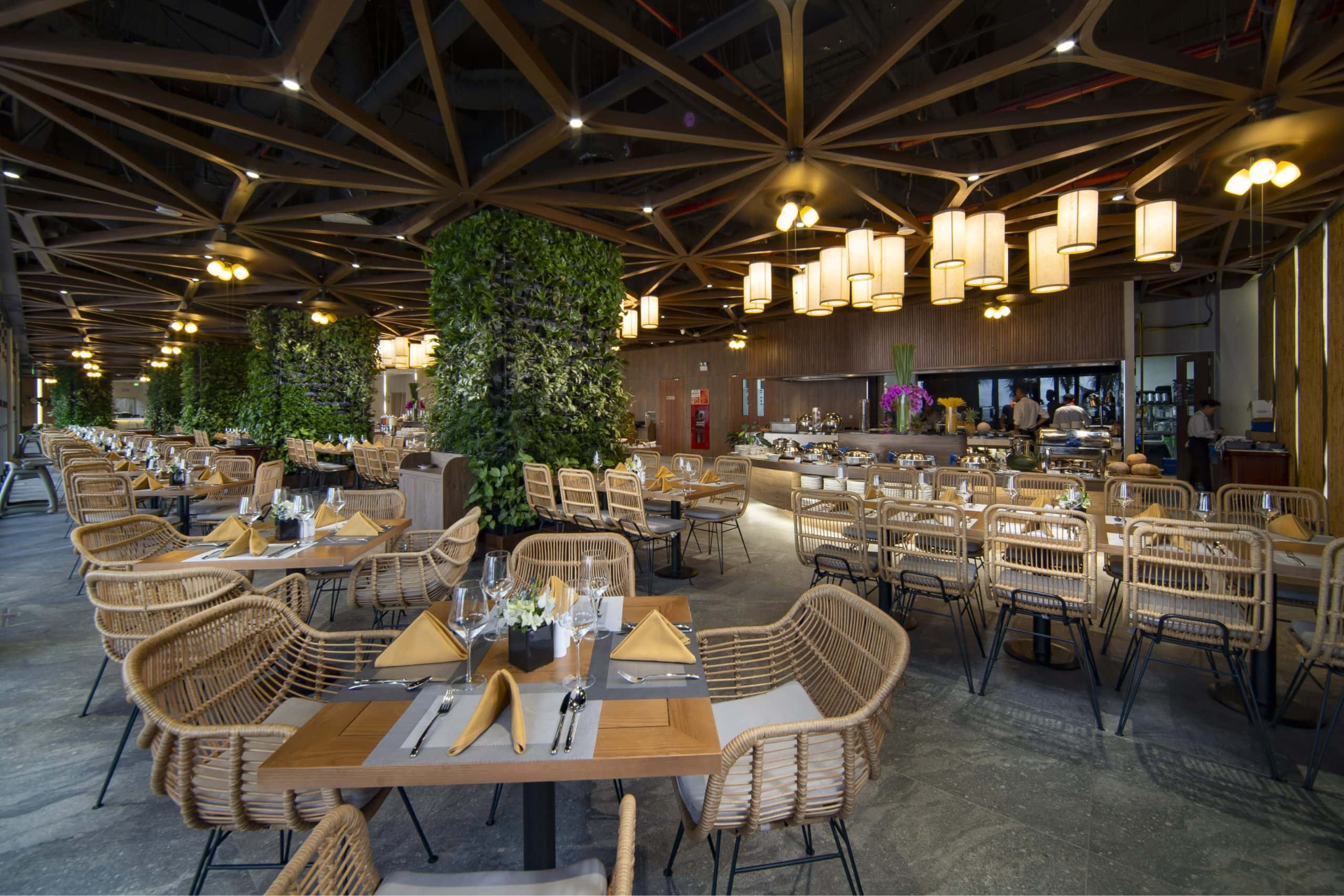 The diverse breakfast buffet and bay views are highlights at Flamingo Cat Ba Beach Resort