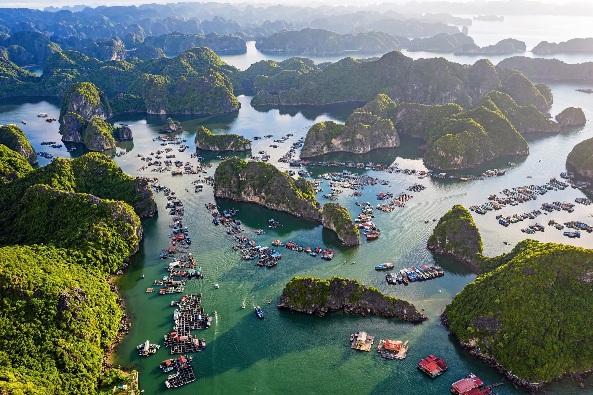 Toàn cảnh quần đảo Cát Bà với những dãy núi đá vôi nhấp nhô giữa biển xanh