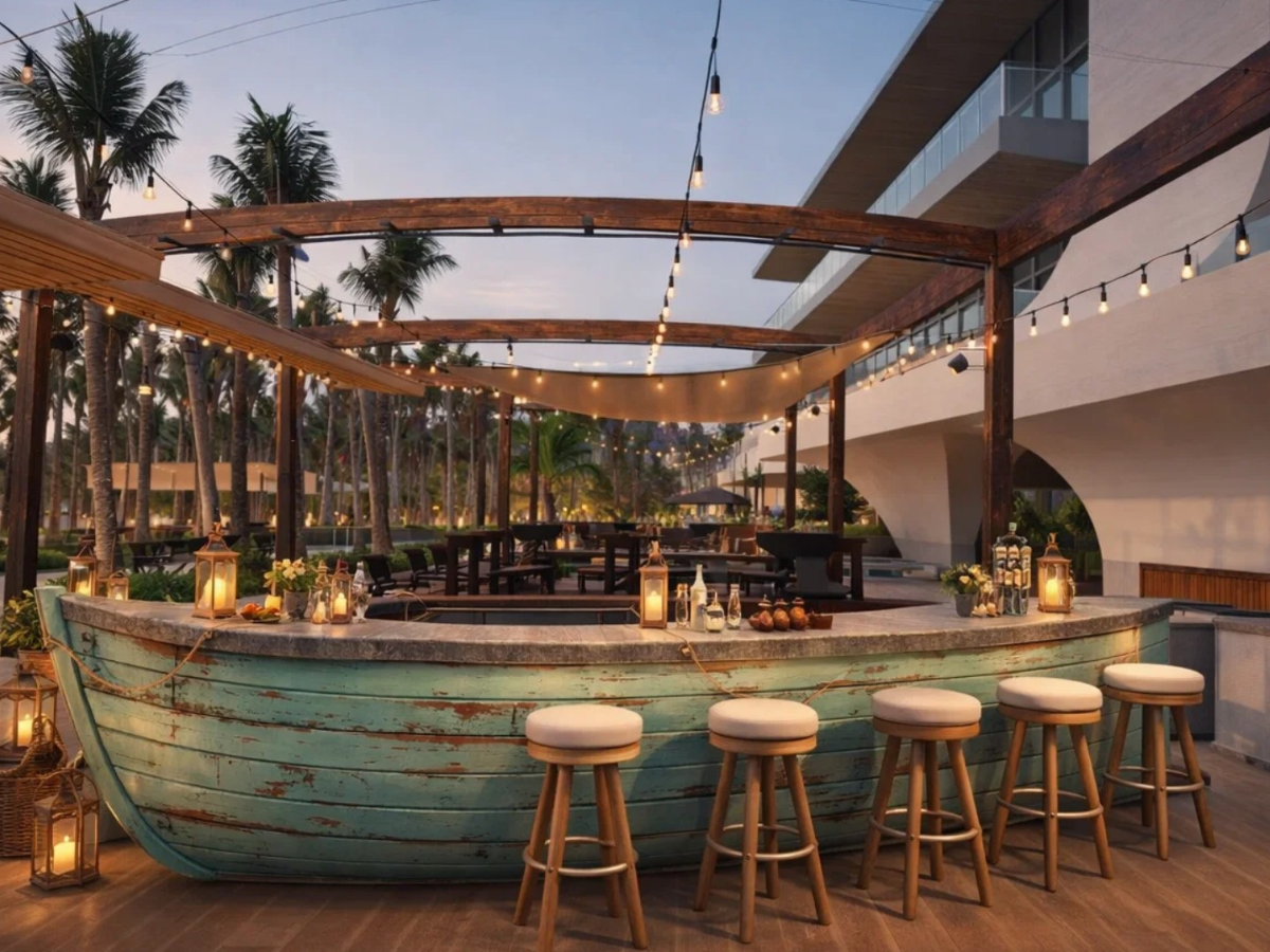 Quầy bar độc đáo được thiết kế mô phỏng hình dáng một con thuyền gỗ cổ sừng sững giữa biển khơi.